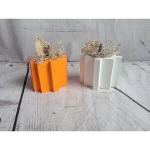 Rustic Wooden Handpaint Handmade Orange White Pumpkins Set Of 2 Fall Halloween